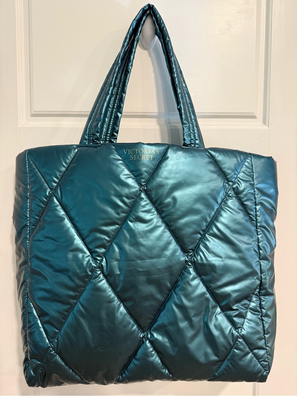 Victoria’s Secret Metallic Teal Quilted Puffer Tote Bag NWOT Large